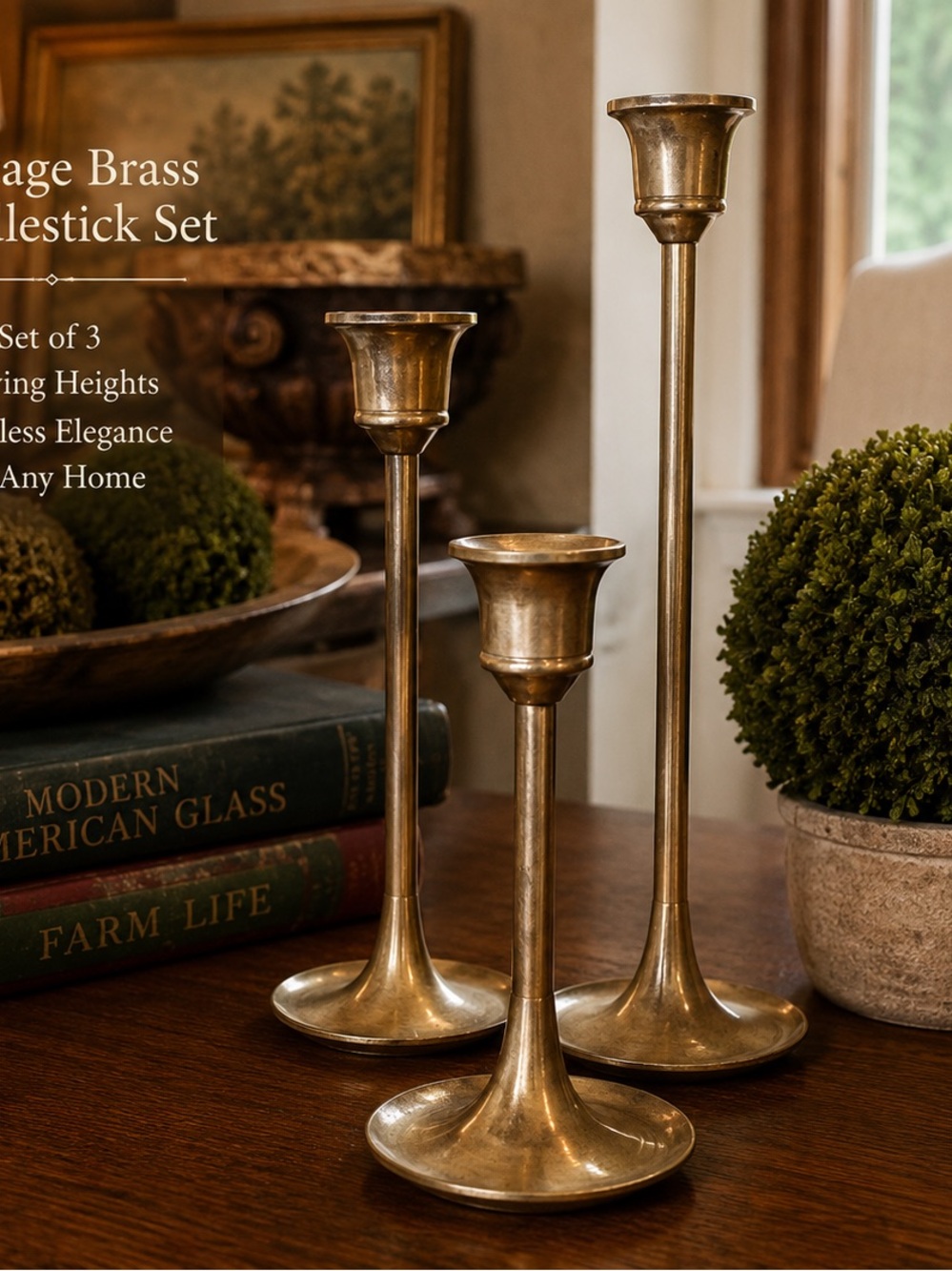 Vintage Brass Candlestick Set - 3 Piece